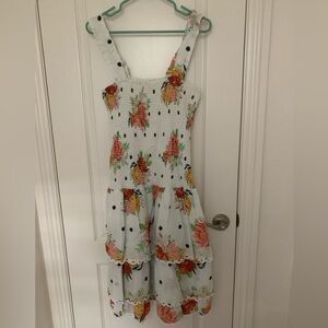Farm Rio Smocked Floral Dress Size XL Tiered Lace Trim 35" Length
